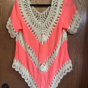 Umgee Vibrant Coral and Cream Crochet Top